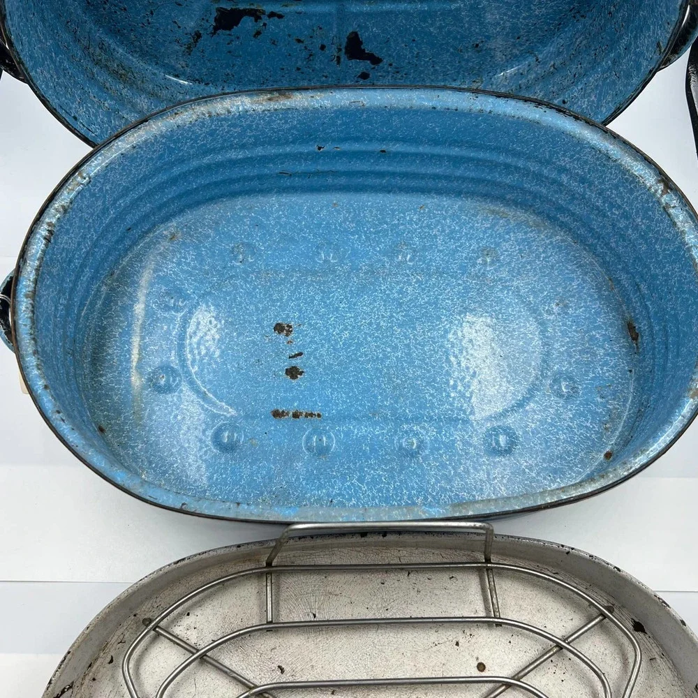 Antique Turquoise Cornflower Blue Large Roaster Rack Enamelware On Steel 4 Piece